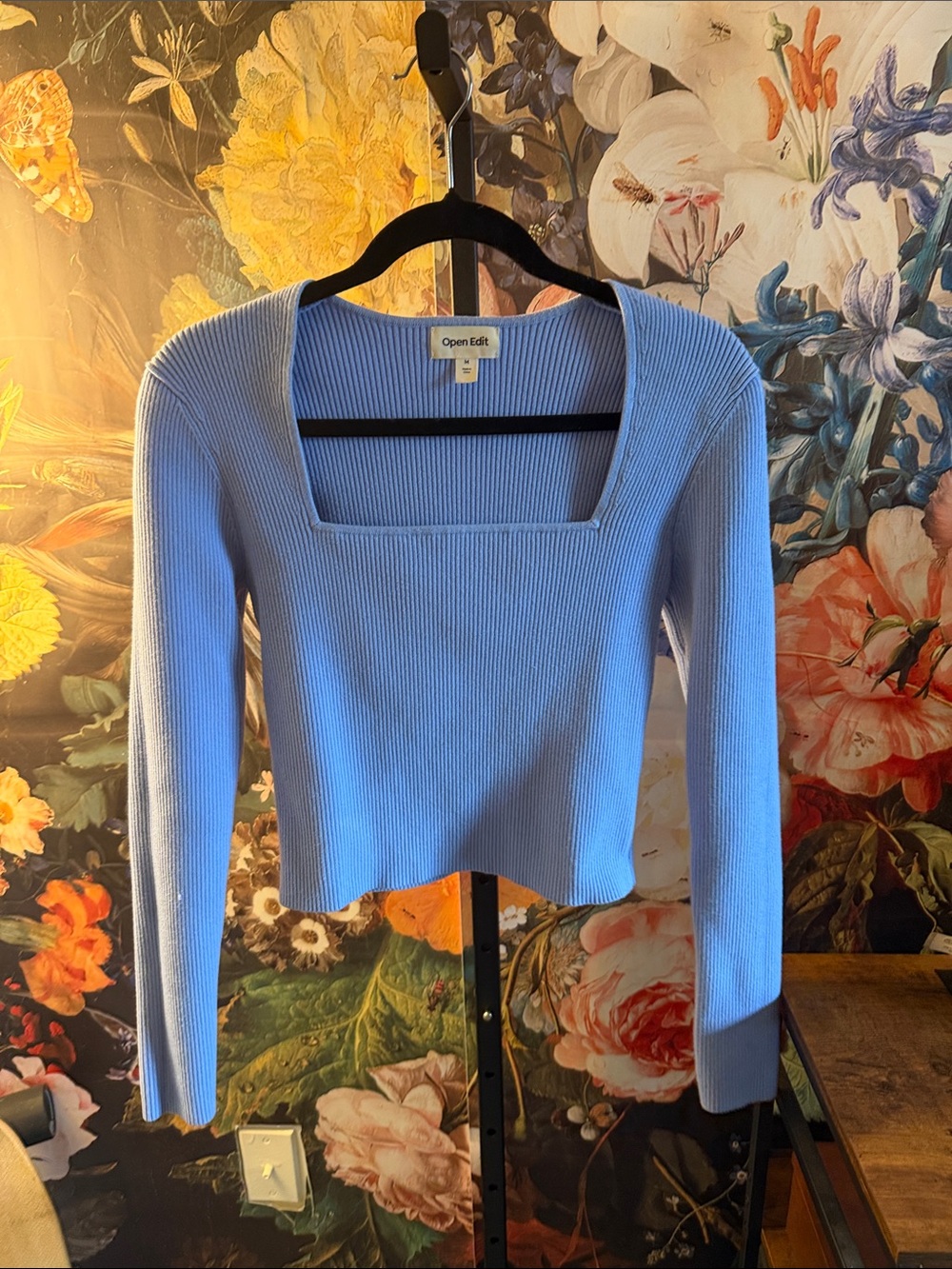 Open Edit Women's Ribbed Square Neck Sweater - Light Blue